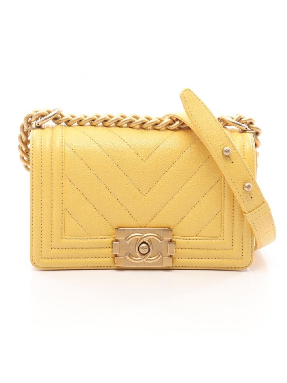 Chanel Shoulder Bag Boy Small Chevron V-stitch Yellow Caviar Leather Chain